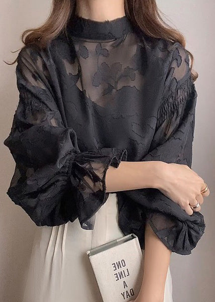 Fall Black Jacquard Collar French Top Chiffon Stand FashionChic