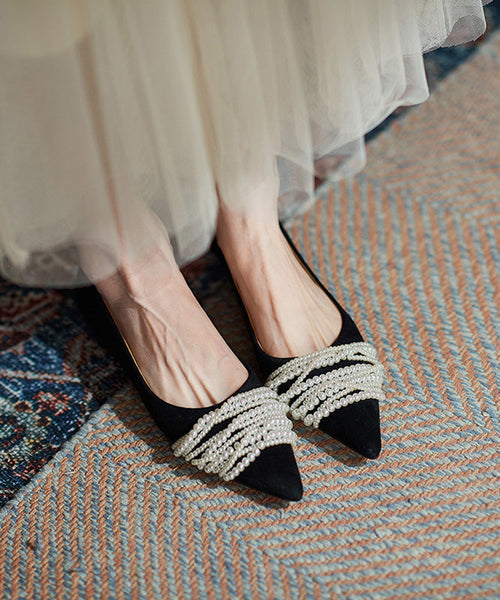 Flat Splicing French Nail Bead Shoes Pointed Toe Suede Black FashionChic