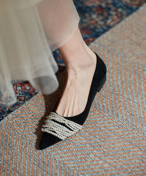 Flat Splicing French Nail Bead Shoes Pointed Toe Suede Black FashionChic