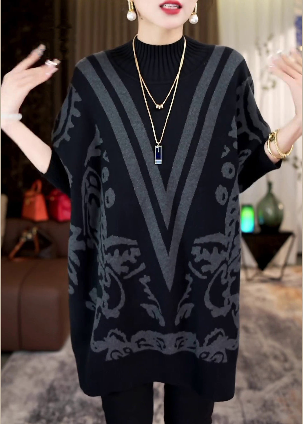 French Black Turtleneck Cozy Knit Sweaters Batwing Sleeve RF020 ABC