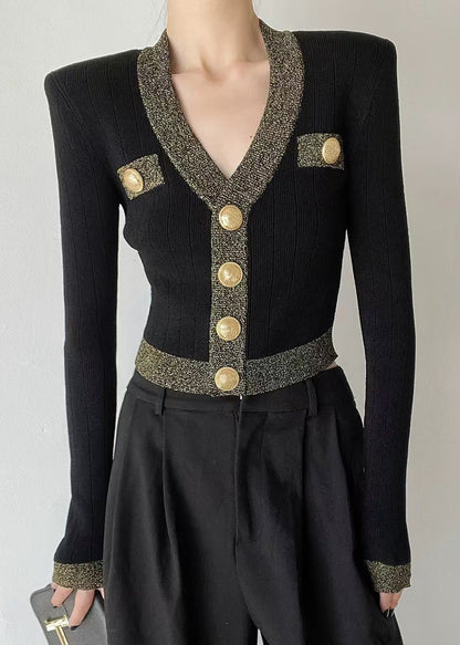 French Black V Neck Button Short Woolen Cardigan Spring TY028