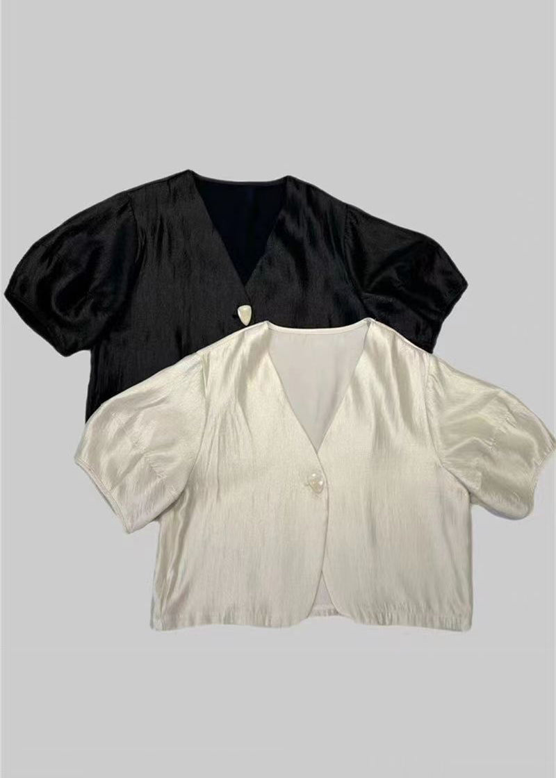 French Black V Neck Button Silk Shirt Short Sleeve GH1077 Ada Fashion