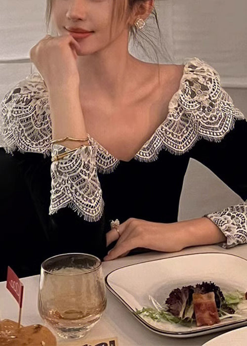 Velvet Neck Silk Lace Dresses Spring French V Patchwork Black FashionChic