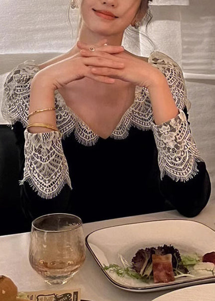 Velvet Neck Silk Lace Dresses Spring French V Patchwork Black FashionChic