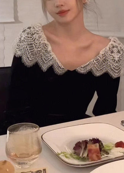 Velvet Neck Silk Lace Dresses Spring French V Patchwork Black FashionChic