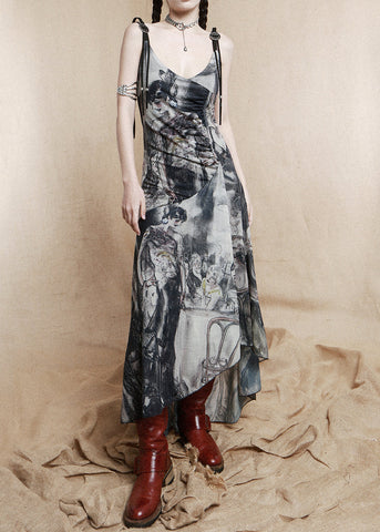 French Black V Neck Low High Design Cotton Spaghetti Strap Dress Sleeveless EE1039 SH-LF-SDL240517