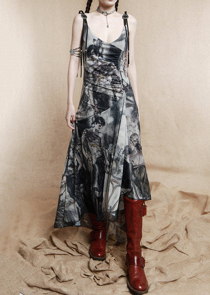 French Black V Neck Low High Design Cotton Spaghetti Strap Dress Sleeveless EE1039 SH-LF-SDL240517