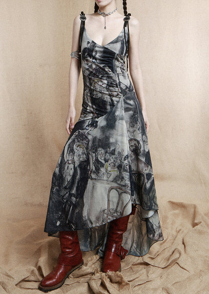 French Black V Neck Low High Design Cotton Spaghetti Strap Dress Sleeveless EE1039 SH-LF-SDL240517