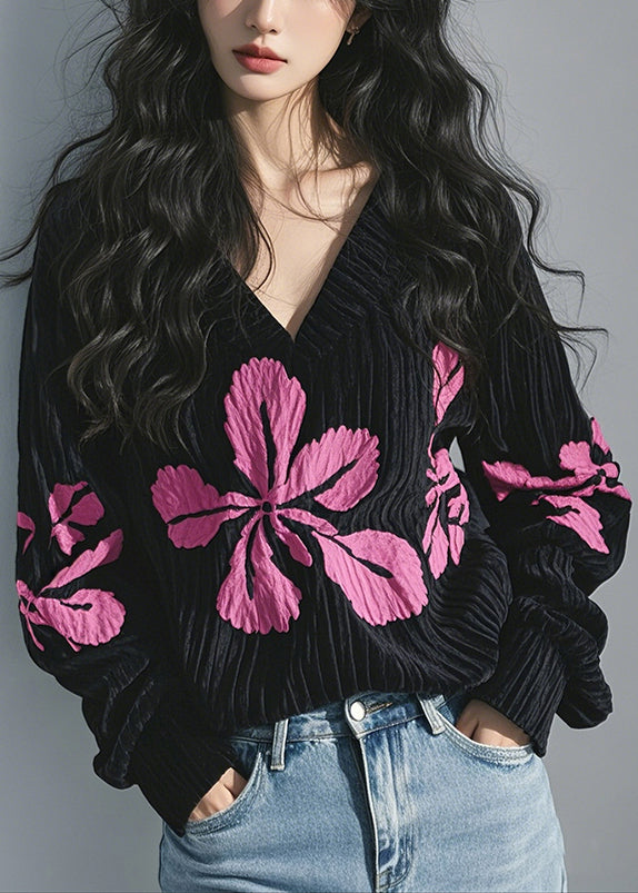 Spring Shirt T Black Neck Corduroy Print Top French V FashionChic