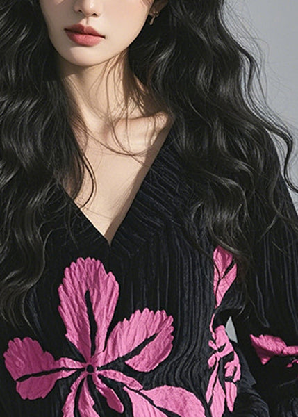 Spring Shirt T Black Neck Corduroy Print Top French V FashionChic