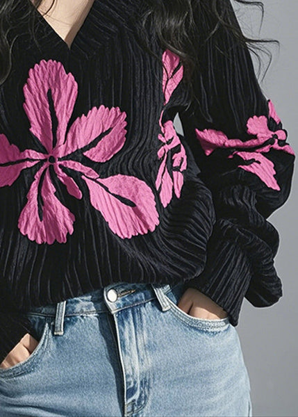 Spring Shirt T Black Neck Corduroy Print Top French V FashionChic