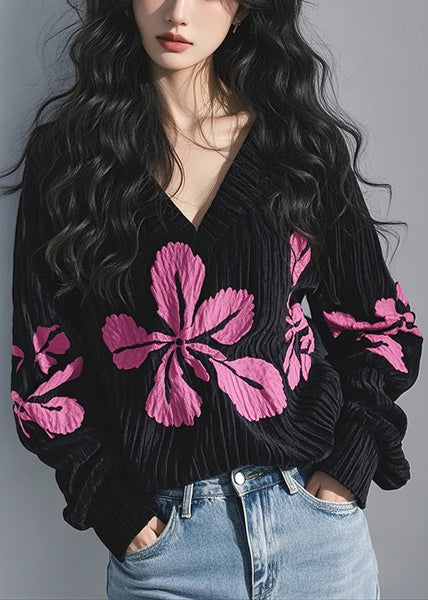 Spring Shirt T Black Neck Corduroy Print Top French V FashionChic