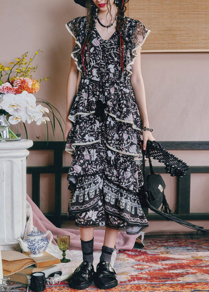 Black Waist French Summer V Dresses Print High Neck Chiffon Long FashionChic