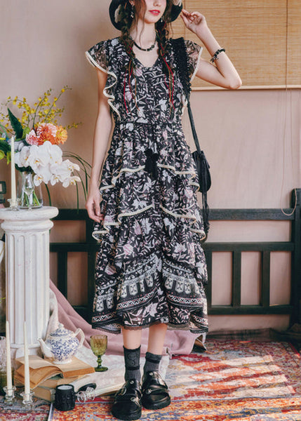 Black Waist French Summer V Dresses Print High Neck Chiffon Long FashionChic