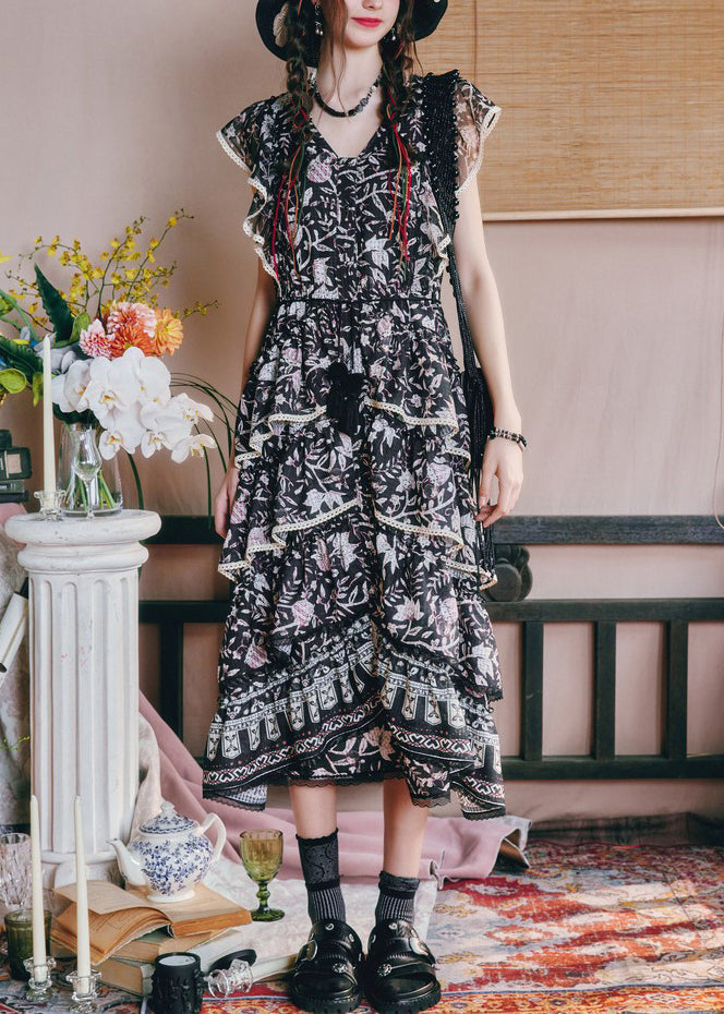 Black Waist French Summer V Dresses Print High Neck Chiffon Long FashionChic