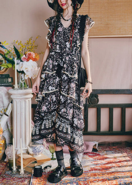 Black Waist French Summer V Dresses Print High Neck Chiffon Long FashionChic