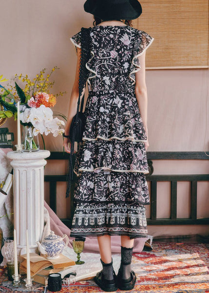 Black Waist French Summer V Dresses Print High Neck Chiffon Long FashionChic