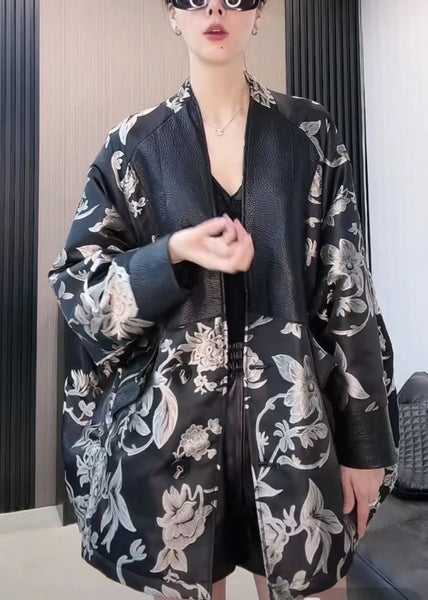 French Black V Neck Print Patchwork Faux Leather Coat Spring YW041 ABC