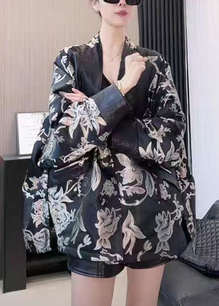 French Black V Neck Print Patchwork Faux Leather Coat Spring YW041 ABC