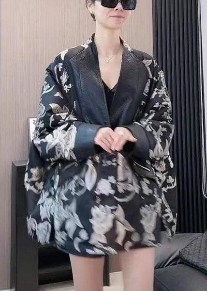 French Black V Neck Print Patchwork Faux Leather Coat Spring YW041 ABC