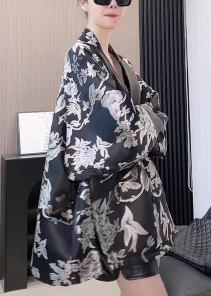 French Black V Neck Print Patchwork Faux Leather Coat Spring YW041 ABC