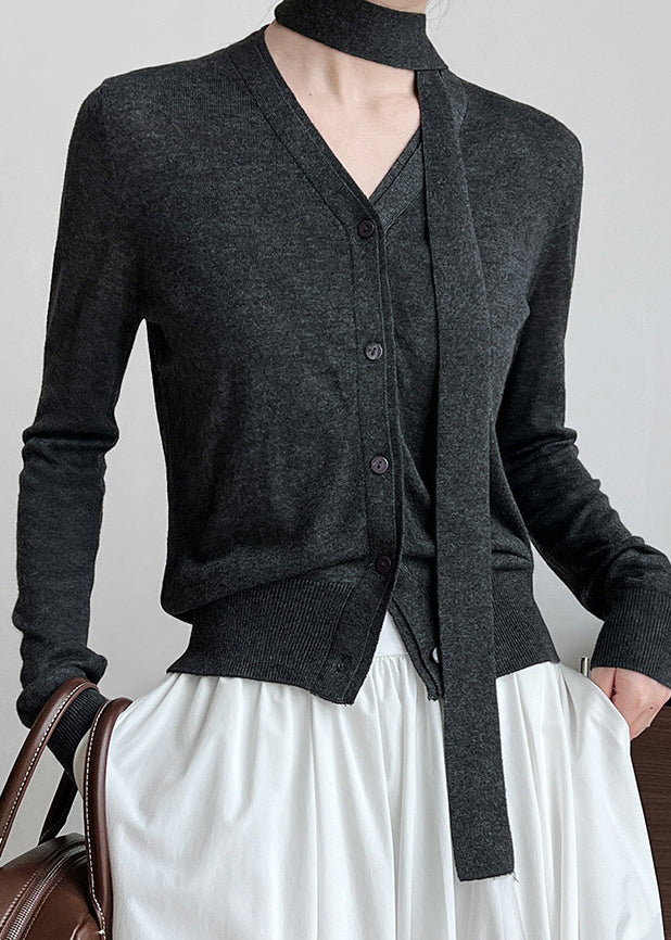 French Black V Neck Ribbon Knit Shirt Long Sleeve QE059 HS-LTP240925