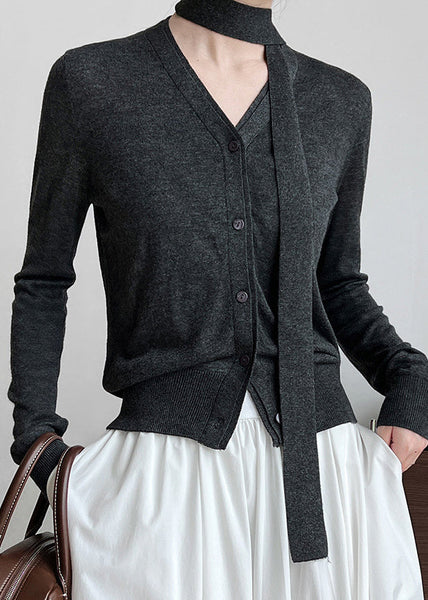 French Black V Neck Ribbon Knit Shirt Long Sleeve QE059 HS-LTP240925