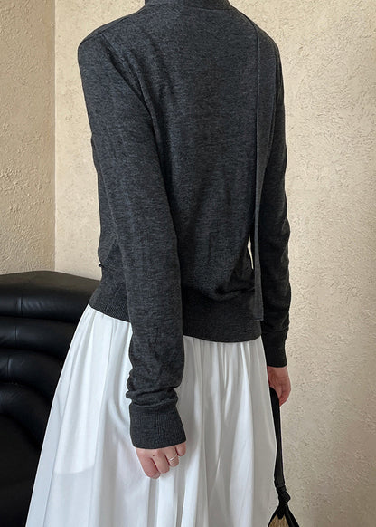 French Black V Neck Ribbon Knit Shirt Long Sleeve QE059 HS-LTP240925