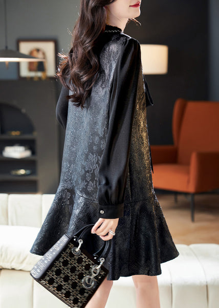 French Black V Neck Ruffled Bow Silk Vacation Mid Dresses Spring TE039 ABC