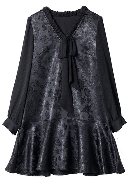 French Black V Neck Ruffled Bow Silk Vacation Mid Dresses Spring TE039 ABC