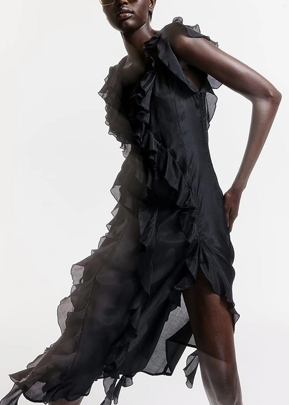 Ruffled Neck Long Dress Sleeveless French V Black Cotton FashionChic