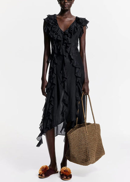 Ruffled Neck Long Dress Sleeveless French V Black Cotton FashionChic