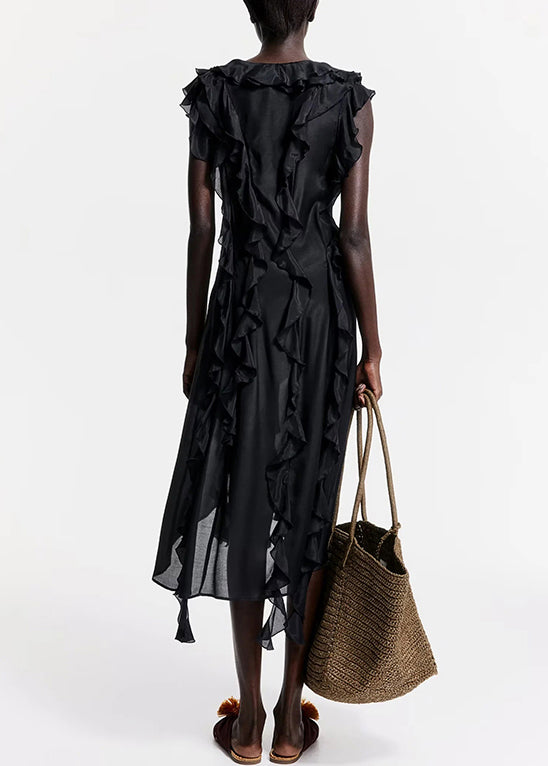 Ruffled Neck Long Dress Sleeveless French V Black Cotton FashionChic