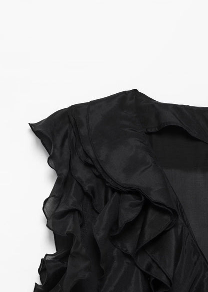 Ruffled Neck Long Dress Sleeveless French V Black Cotton FashionChic