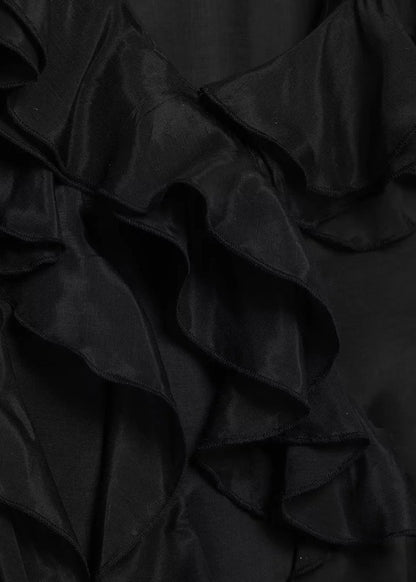 Ruffled Neck Long Dress Sleeveless French V Black Cotton FashionChic