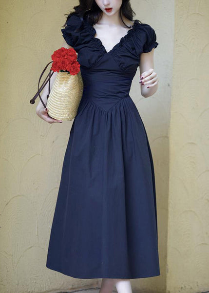 French Black V Neck Ruffled Puff Sleeve Cotton Dress QK012 BB-SDL241022