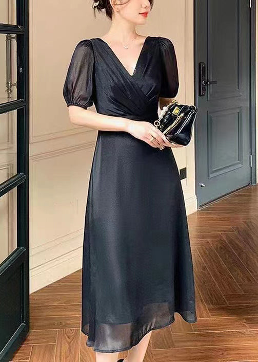 French Black V Neck Solid Silk Long Dresses Summer XX003 SH-LF-SDL240611