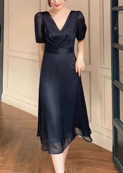 French Black V Neck Solid Silk Long Dresses Summer XX003 SH-LF-SDL240611