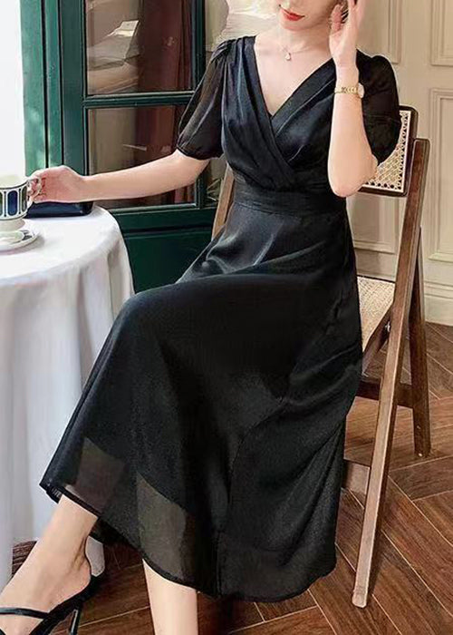 French Black V Neck Solid Silk Long Dresses Summer XX003 SH-LF-SDL240611