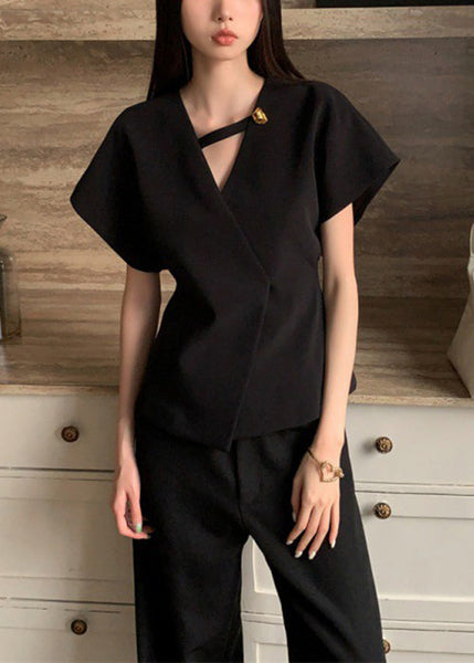 Black Solid V Neck Summer Shirt Spandex French FashionChic