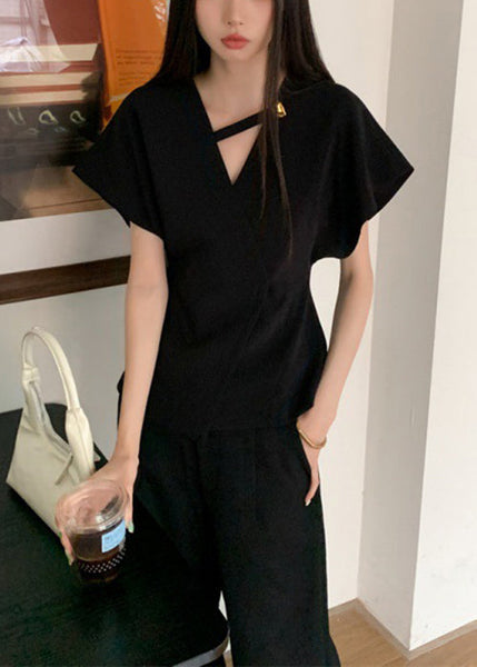 Black Solid V Neck Summer Shirt Spandex French FashionChic