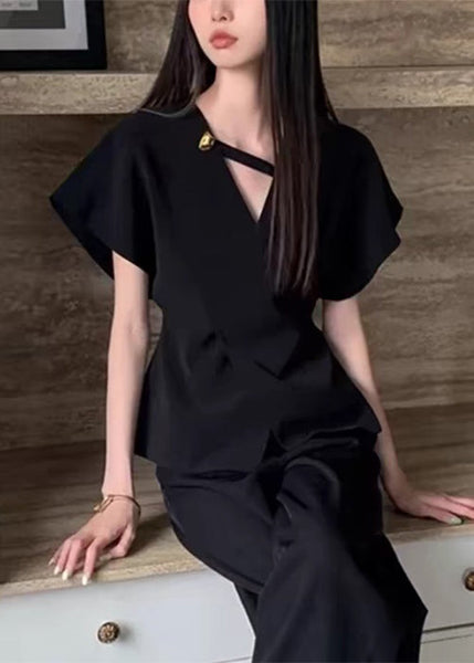 Black Solid V Neck Summer Shirt Spandex French FashionChic