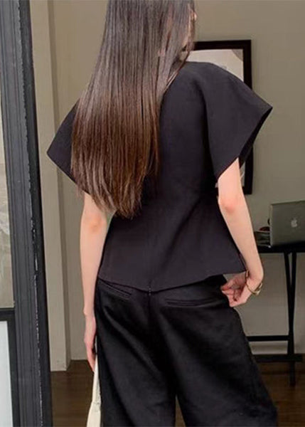 Black Solid V Neck Summer Shirt Spandex French FashionChic