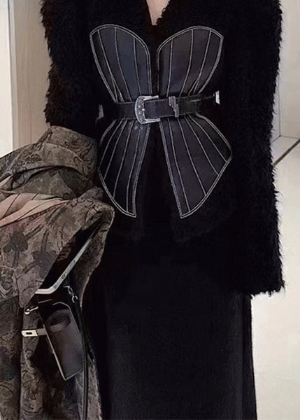 French Black V Neck Tie Waist Patchwork Leather And Fur Coats Spring YY001 ABC