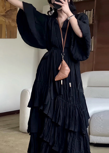 Fall Solid Cotton Wrinkled Long Neck Black Dress French V FashionChic