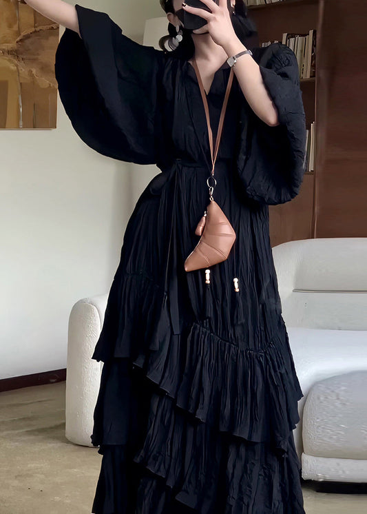 Fall Solid Cotton Wrinkled Long Neck Black Dress French V FashionChic
