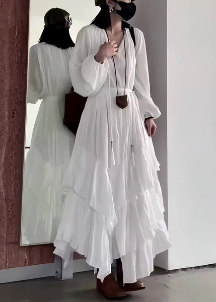 Fall Solid Cotton Wrinkled Long Neck Black Dress French V FashionChic