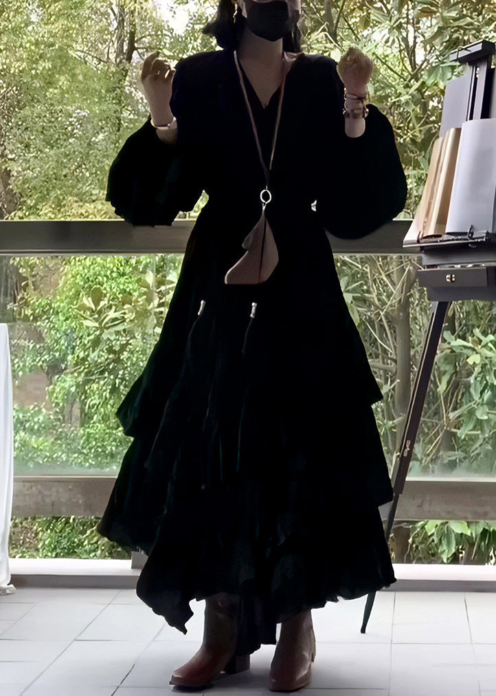 Fall Solid Cotton Wrinkled Long Neck Black Dress French V FashionChic
