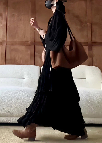Fall Solid Cotton Wrinkled Long Neck Black Dress French V FashionChic