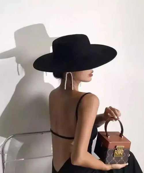 French Brim Jazz Large Black Versatile Woolen Hat FashionChic